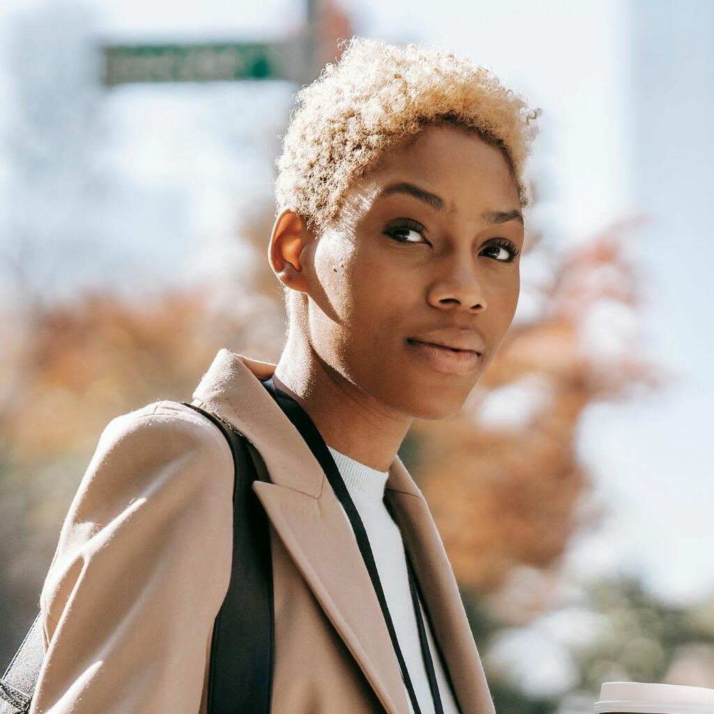 Woman with short hair staring intensely
